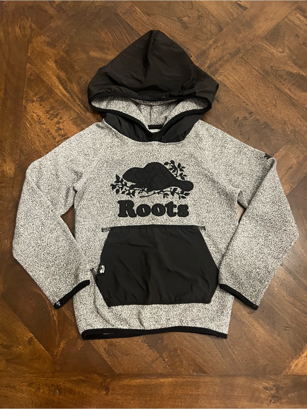 Roots Kids Salt & Pepper Utility Hoodie with Black Kangaroo Pocket/Hood -Small